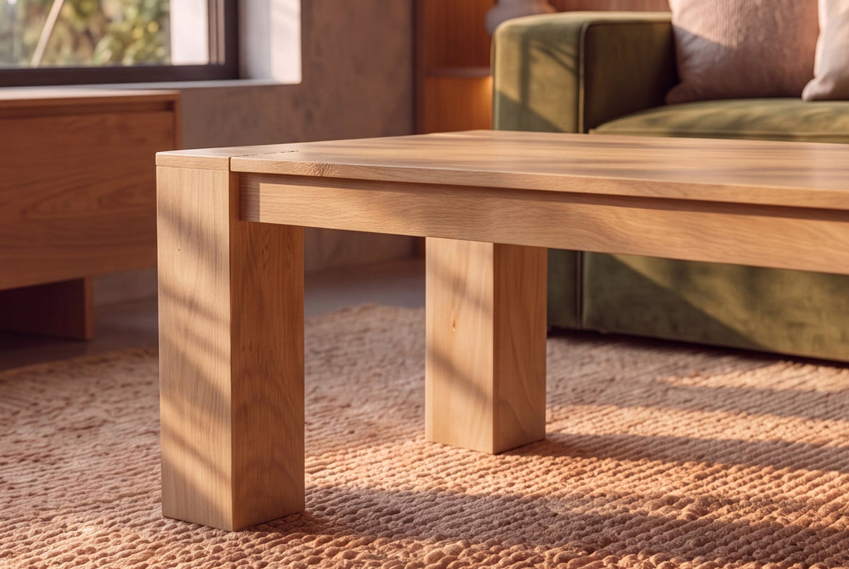 Table basse massive MAKASSAR 100cm en manguier naturel finition crème grain unique