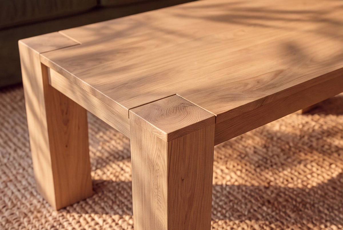 Table basse massive MAKASSAR 100cm en manguier naturel finition crème grain unique