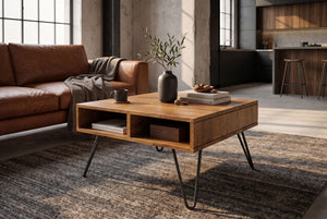 Table basse massive SCORPION 60cm en bois de manguier finition miel marron avec pieds en épingle