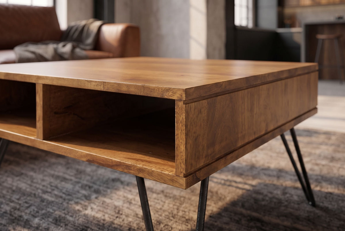Table basse massive SCORPION 60cm en bois de manguier finition miel marron avec pieds en épingle