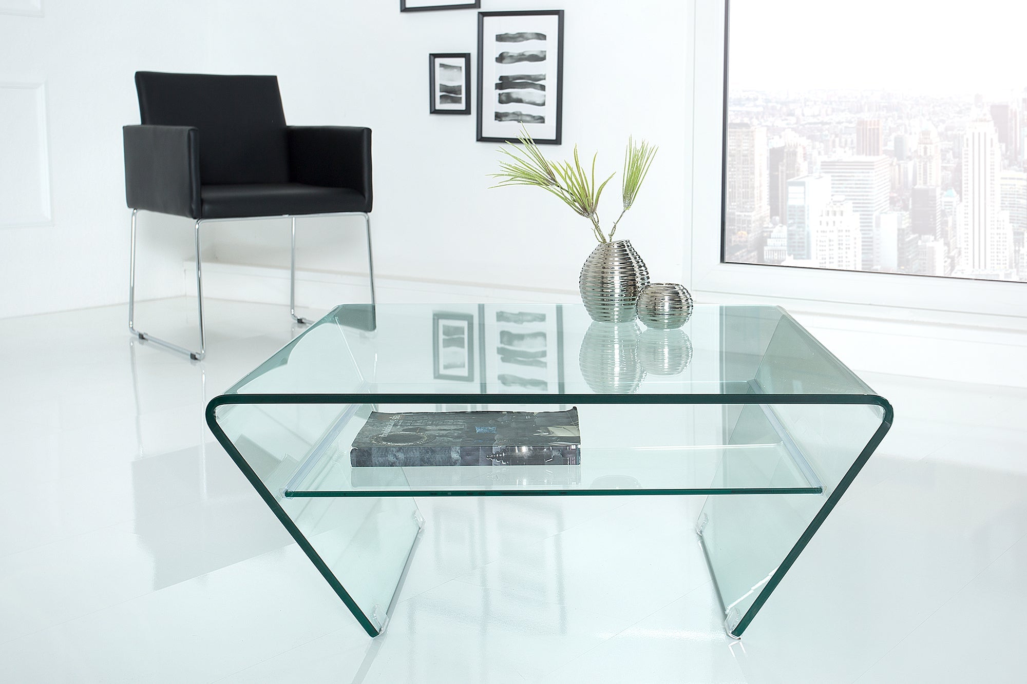 Table basse moderne en verre FANTOME 70cm trapèze avec étagère transparente