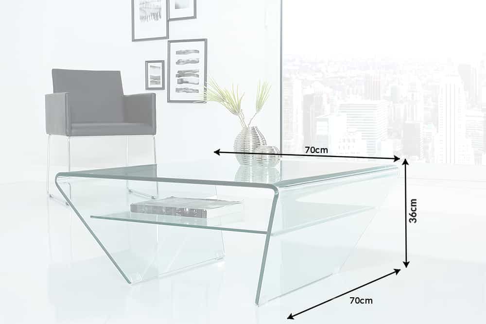 Table basse moderne en verre FANTOME 70cm trapèze avec étagère transparente