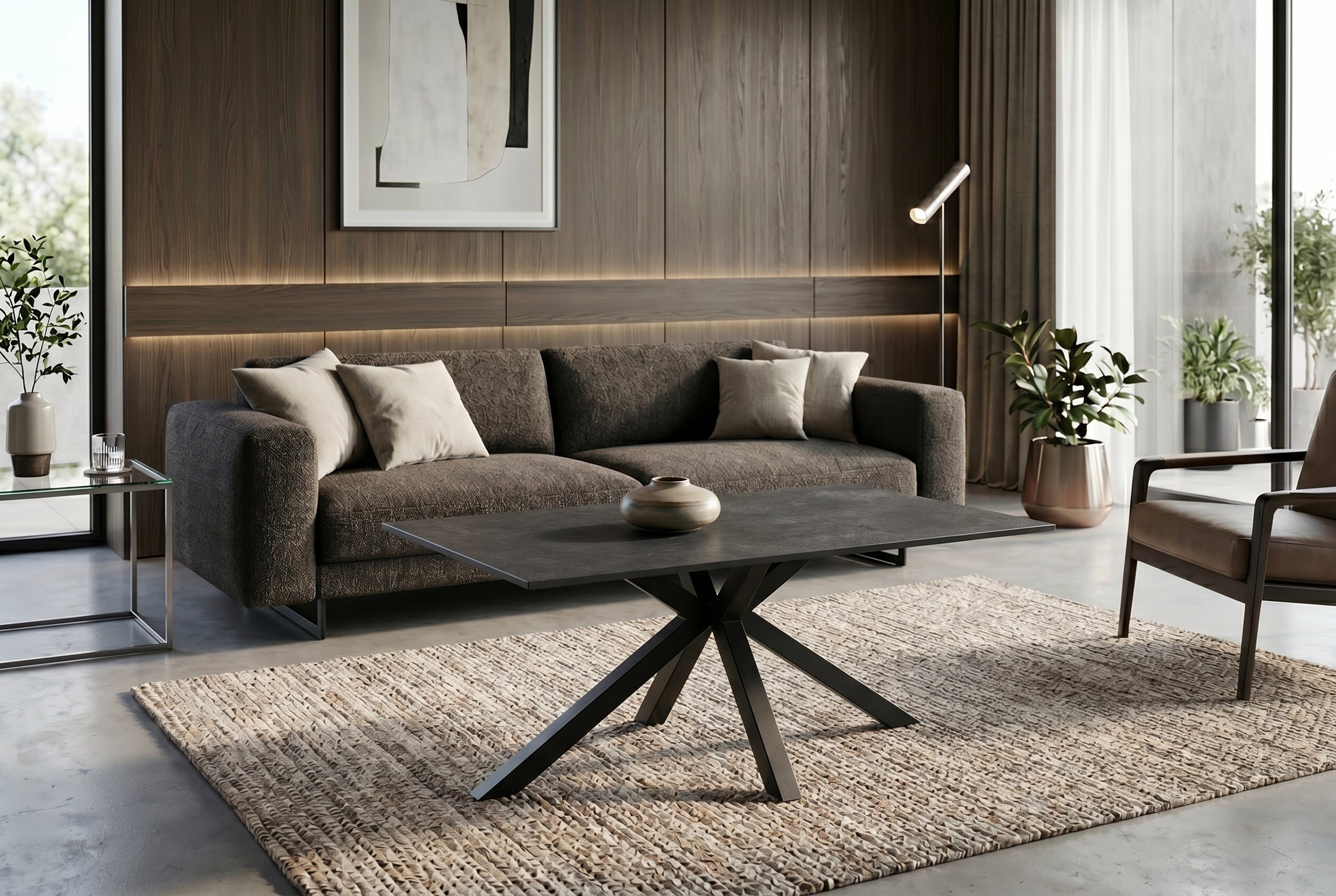 Table basse moderne GALAXIE 100cm anthracite céramique noir piètement étoile