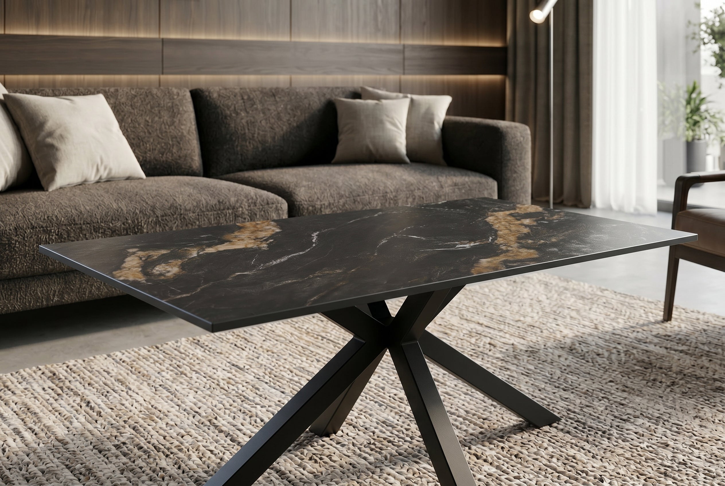 Table basse moderne GALAXIE 100cm Aurora Oro noir or sable céramique