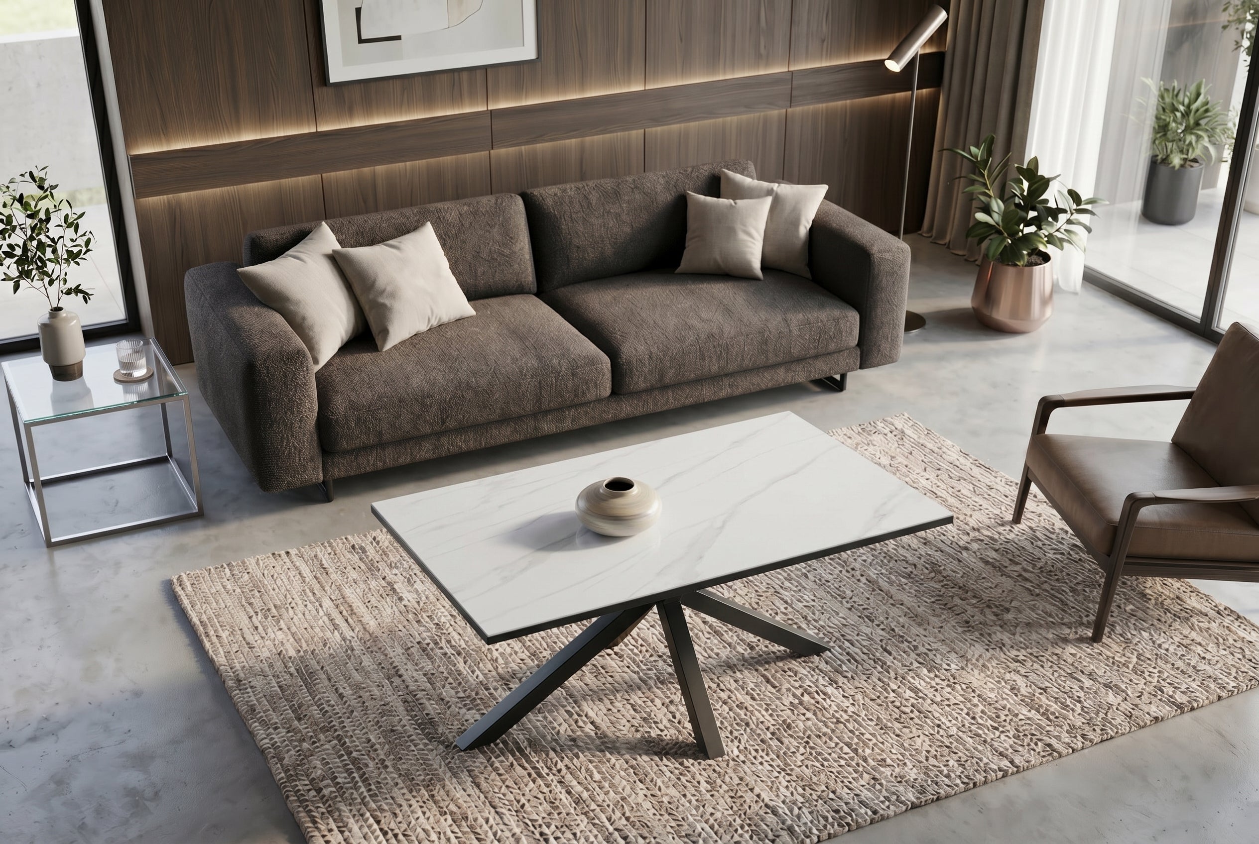 Table basse moderne GALAXIE 100cm en céramique blanche et piètement en métal noir en étoile