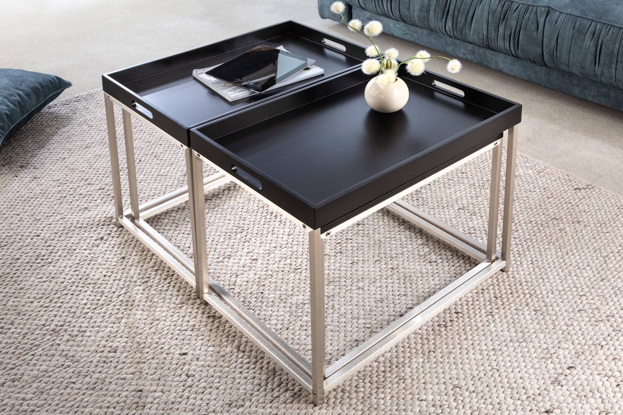 Table basse moderne lot de 3 ELEMENTS 75cm plateau amovible en acier noir