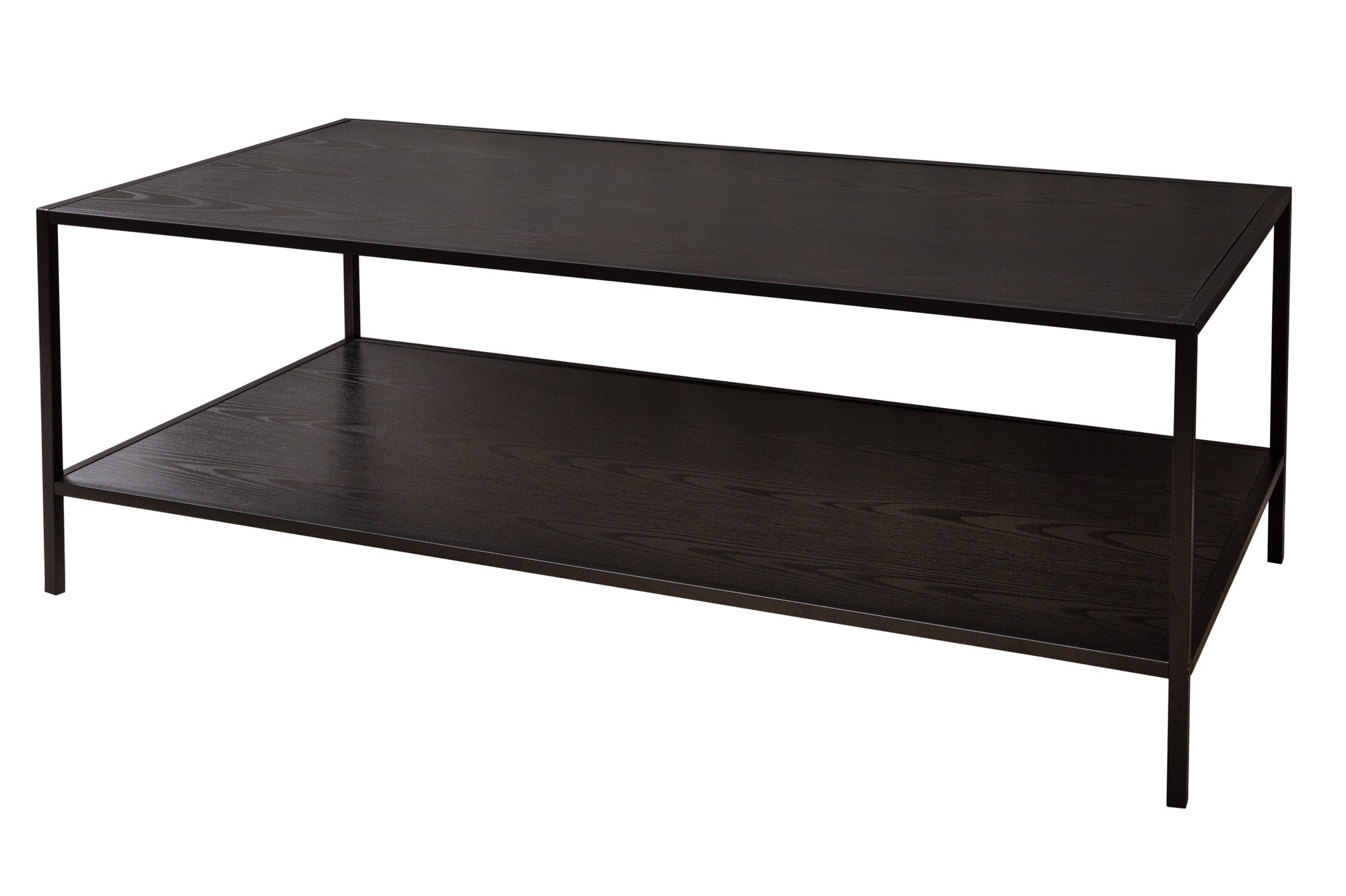 Table basse moderne SLIM LINE 120cm design bois de frêne métal noir avec étagère