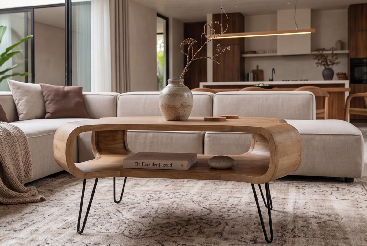 Table basse ORGANIC LIVING 100cm en bois de manguier finition crème naturelle avec pieds en épingle à cheveux
