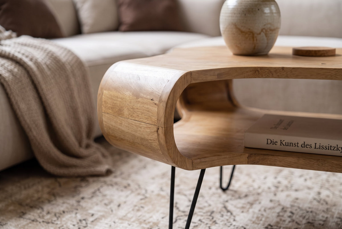 Table basse ORGANIC LIVING 100cm en bois de manguier finition crème naturelle avec pieds en épingle à cheveux
