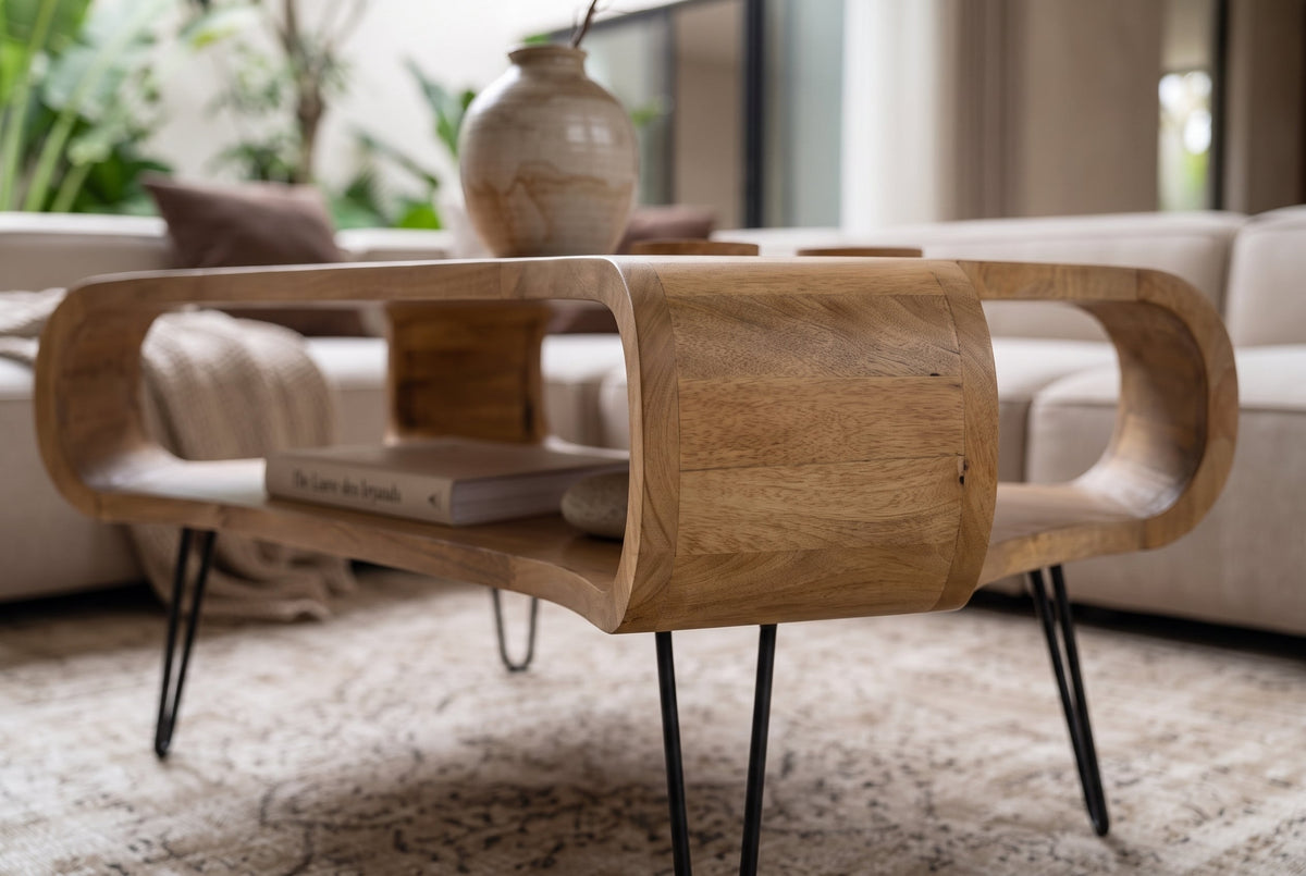Table basse ORGANIC LIVING 100cm en bois de manguier finition crème naturelle avec pieds en épingle à cheveux