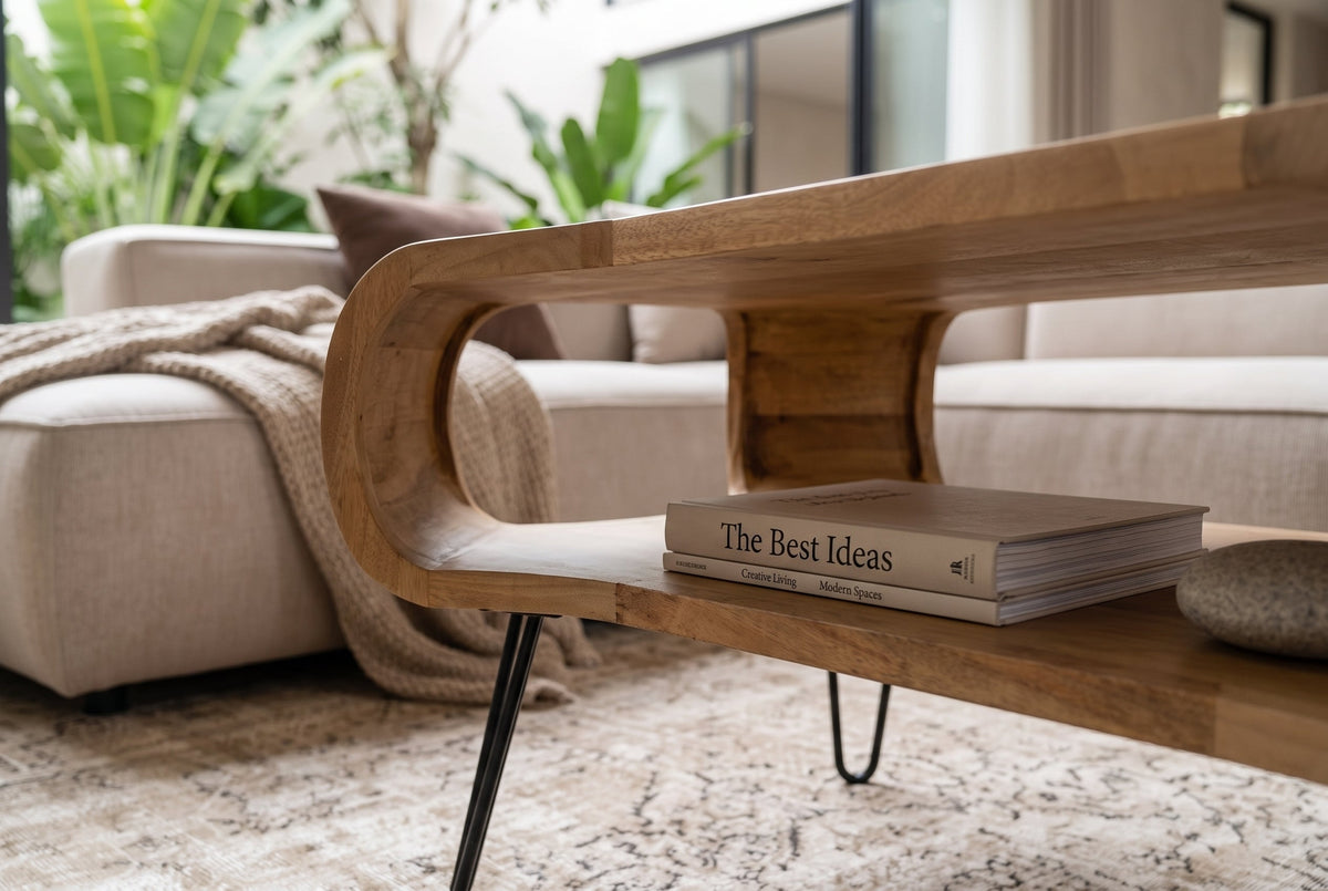 Table basse ORGANIC LIVING 100cm en bois de manguier finition crème naturelle avec pieds en épingle à cheveux