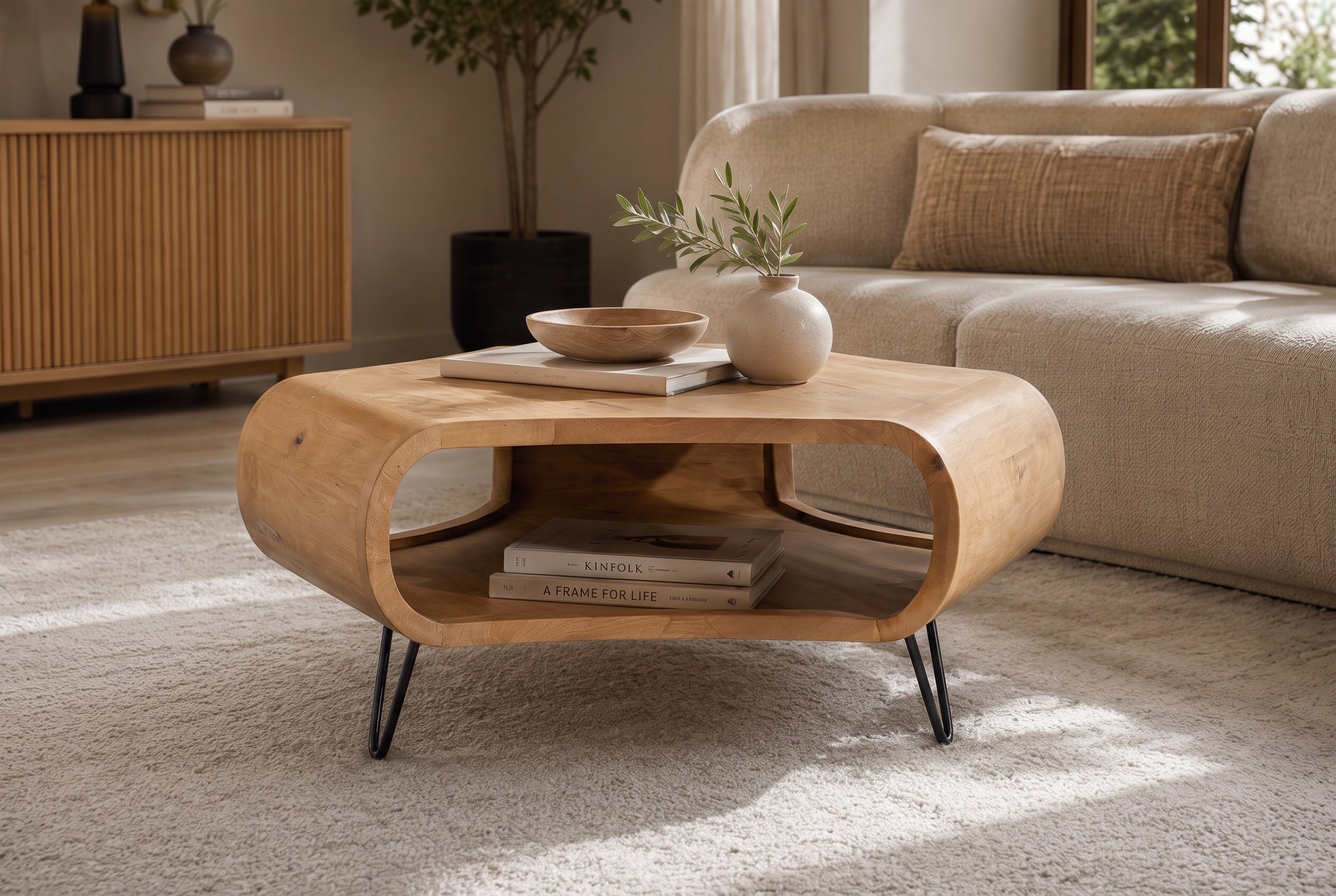Table basse ORGANIC LIVING 90cm en bois de manguier finition crème naturelle avec pieds en épingle à cheveux