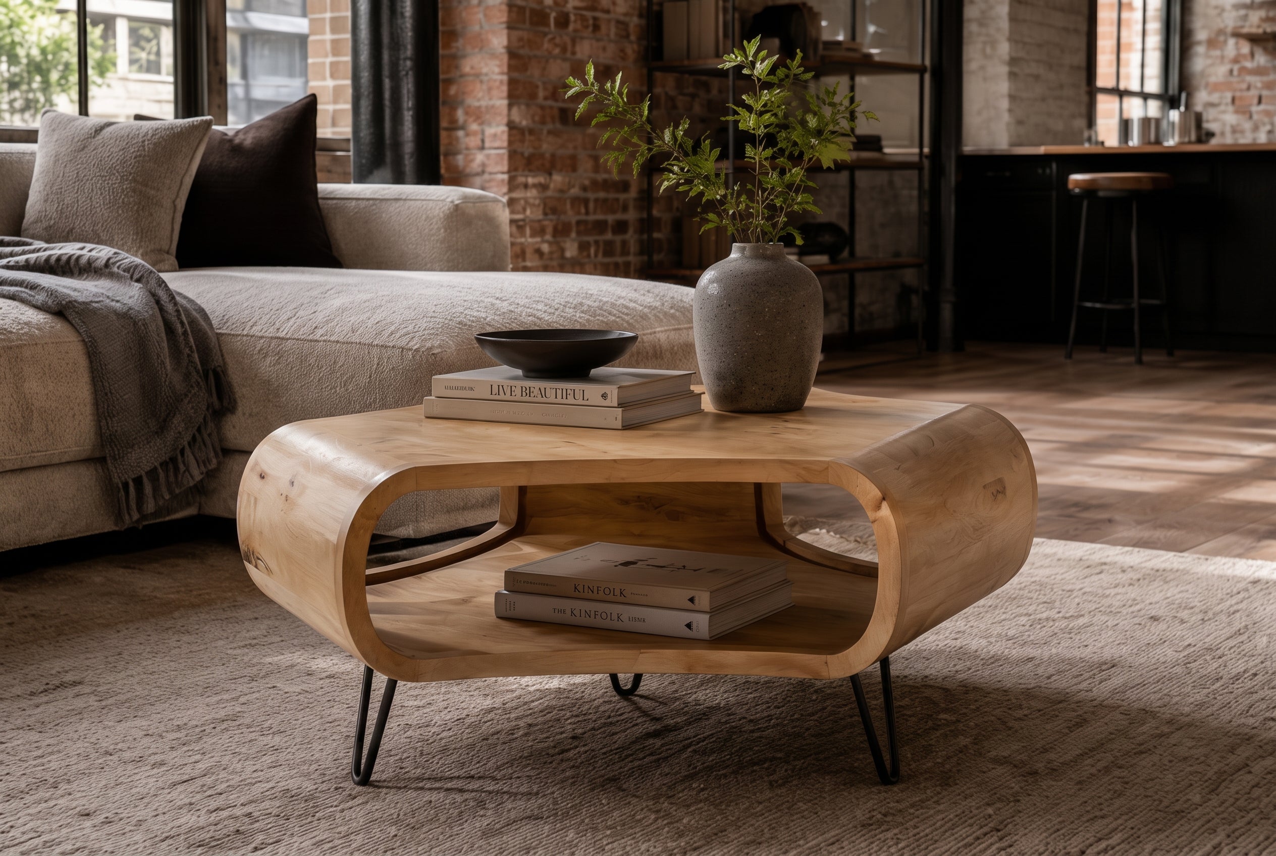 Table basse ORGANIC LIVING 90cm en bois de manguier finition crème naturelle avec pieds en épingle à cheveux