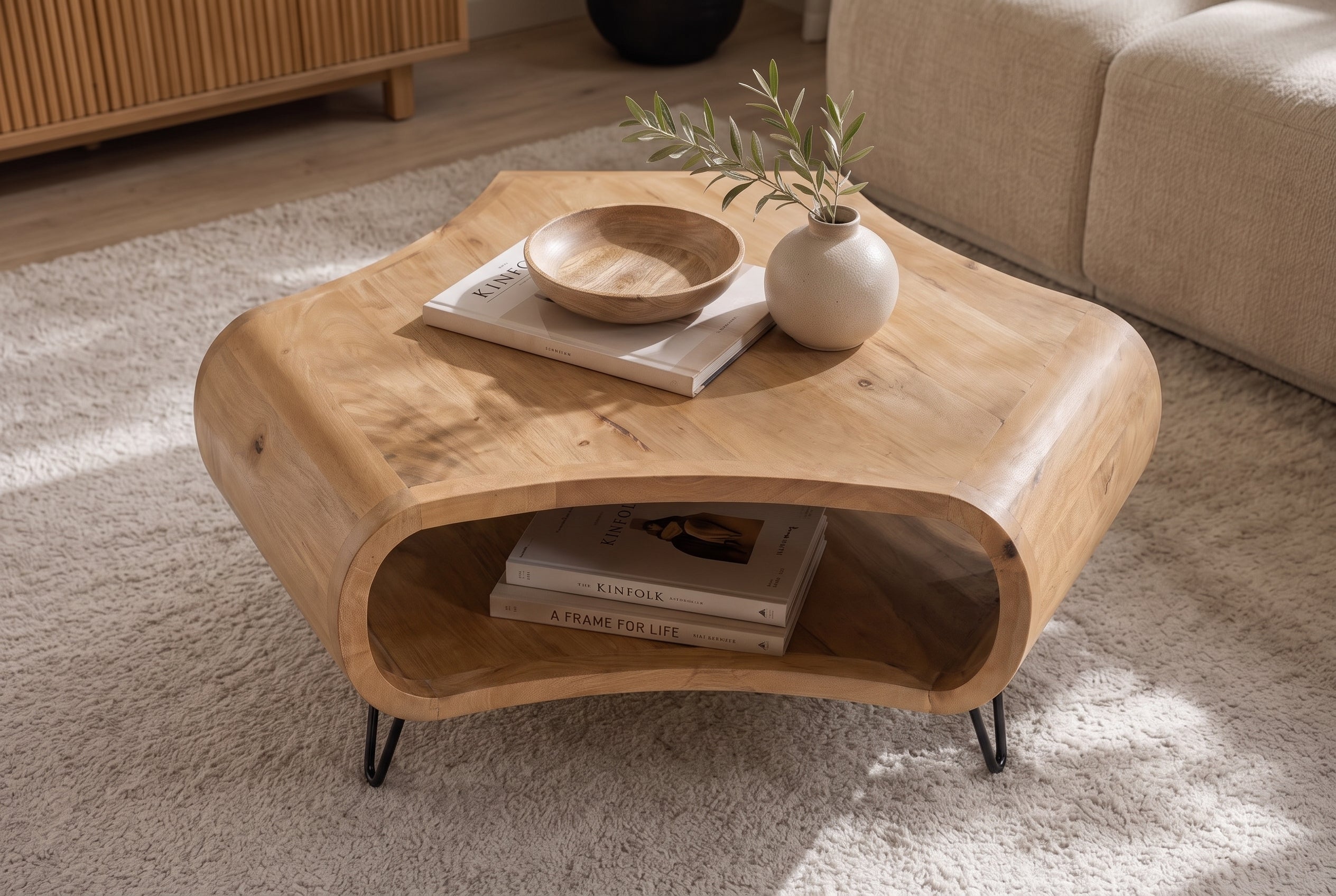 Table basse ORGANIC LIVING 90cm en bois de manguier finition crème naturelle avec pieds en épingle à cheveux