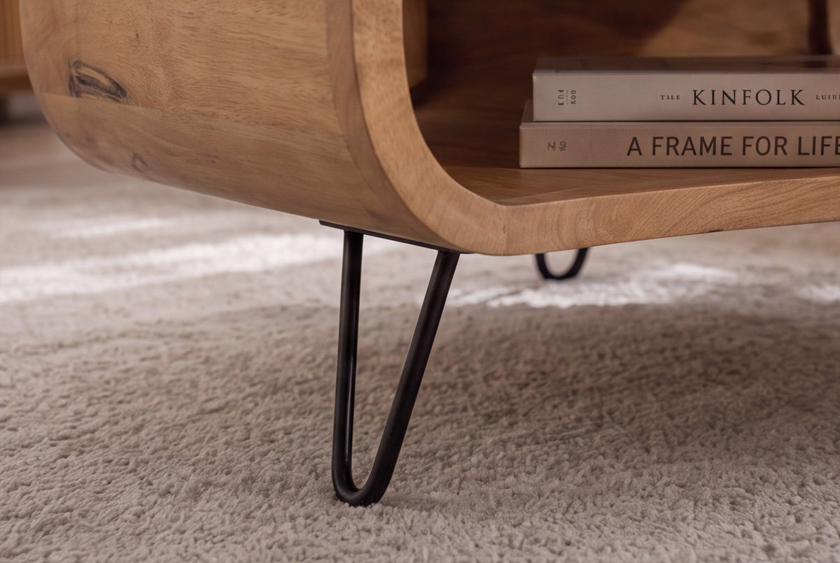 Table basse ORGANIC LIVING 90cm en bois de manguier finition crème naturelle avec pieds en épingle à cheveux