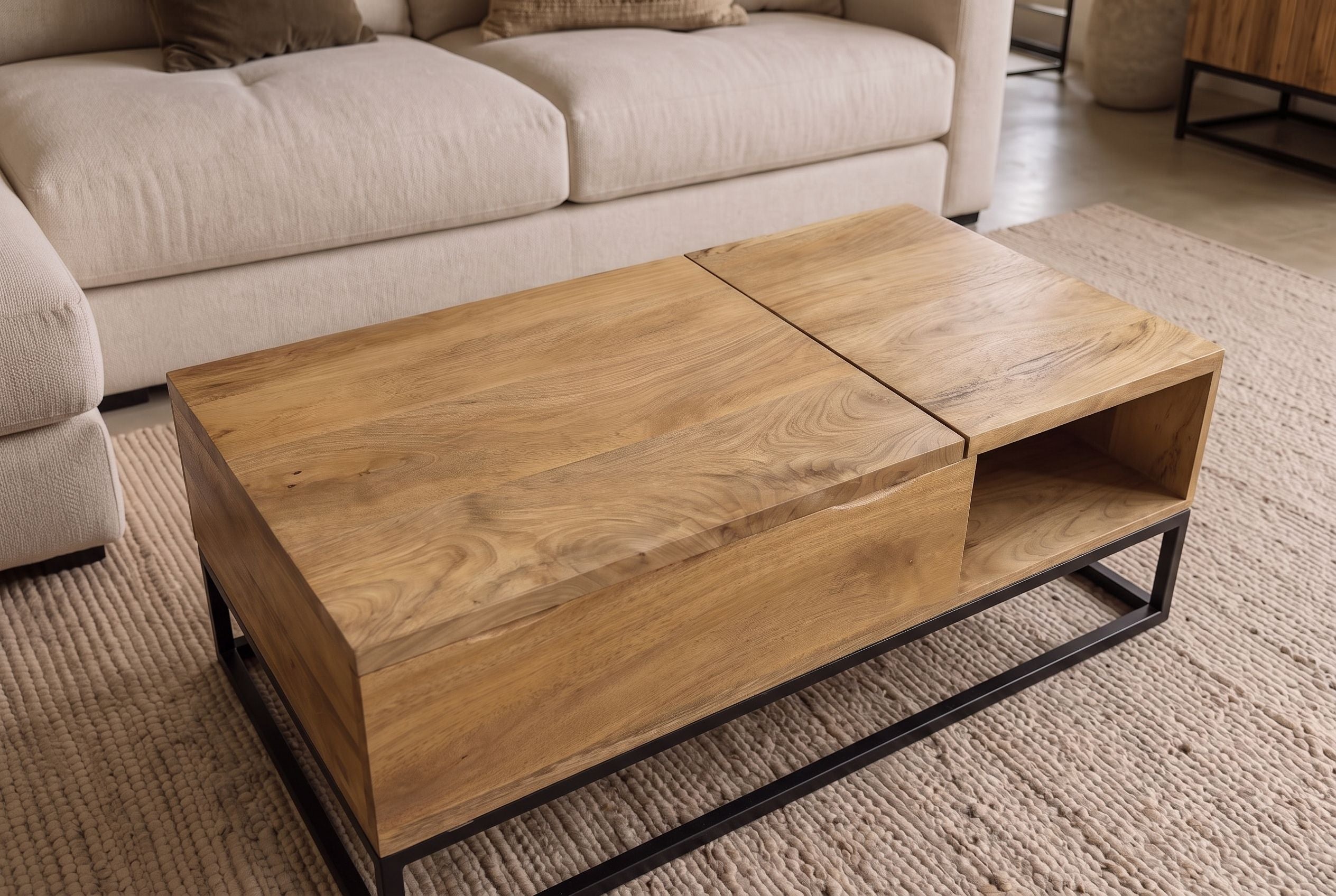 Table basse réglable en hauteur MAKASSAR FUNCTION 110cm en bois de manguier massif finition crème naturelle