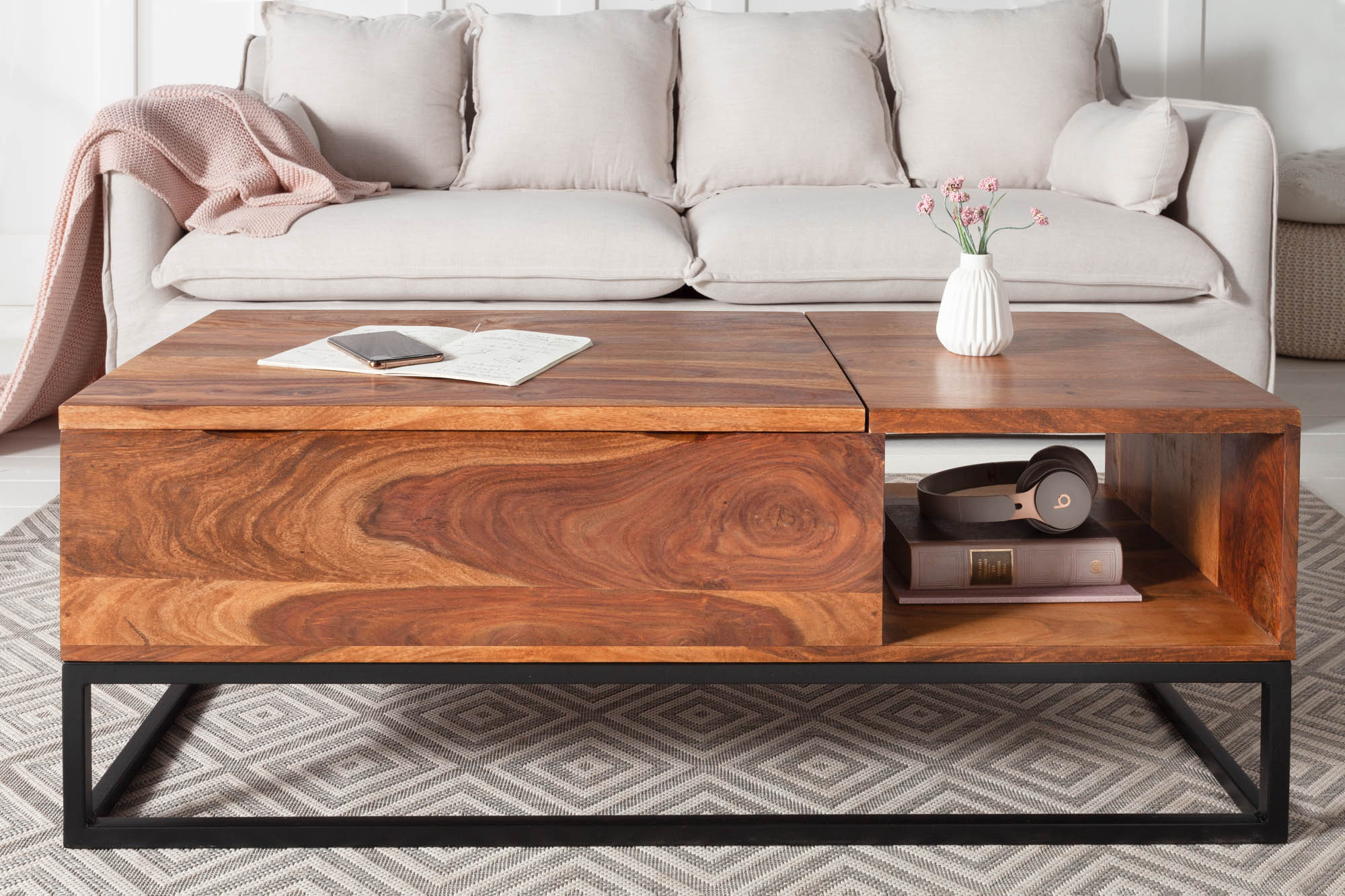MAKASSAR FUNCTION Mesa de centro regulable en altura de 110 cm de madera maciza de Sheesham marrón con acabado de piedra