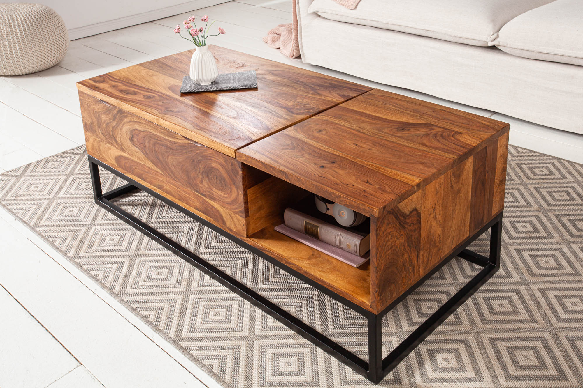 MAKASSAR FUNCTION Mesa de centro regulable en altura de 110 cm de madera maciza de Sheesham marrón con acabado de piedra