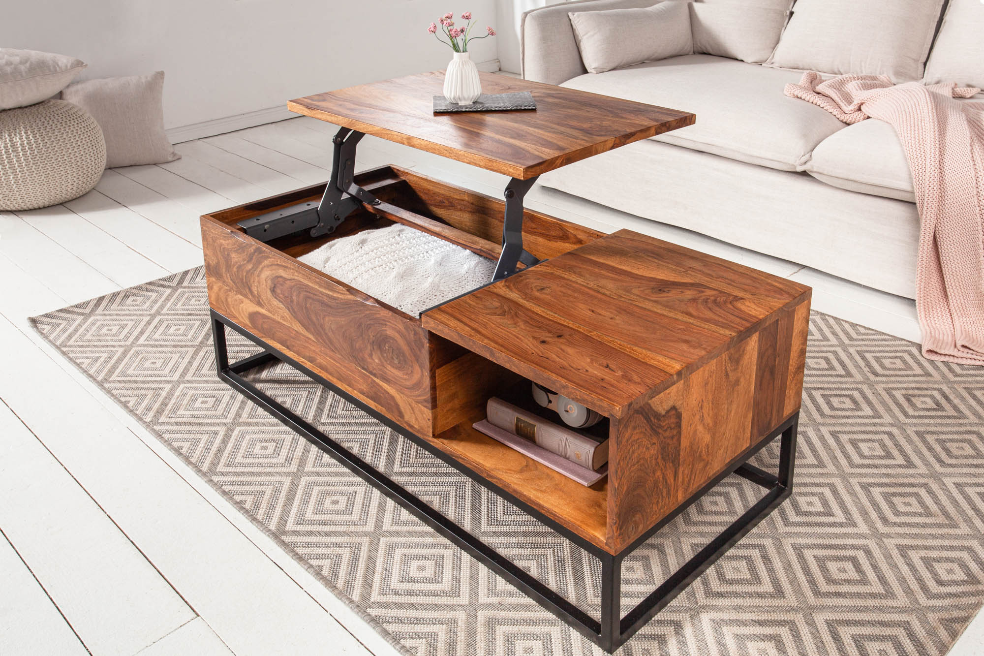 MAKASSAR FUNCTION Mesa de centro regulable en altura de 110 cm de madera maciza de Sheesham marrón con acabado de piedra