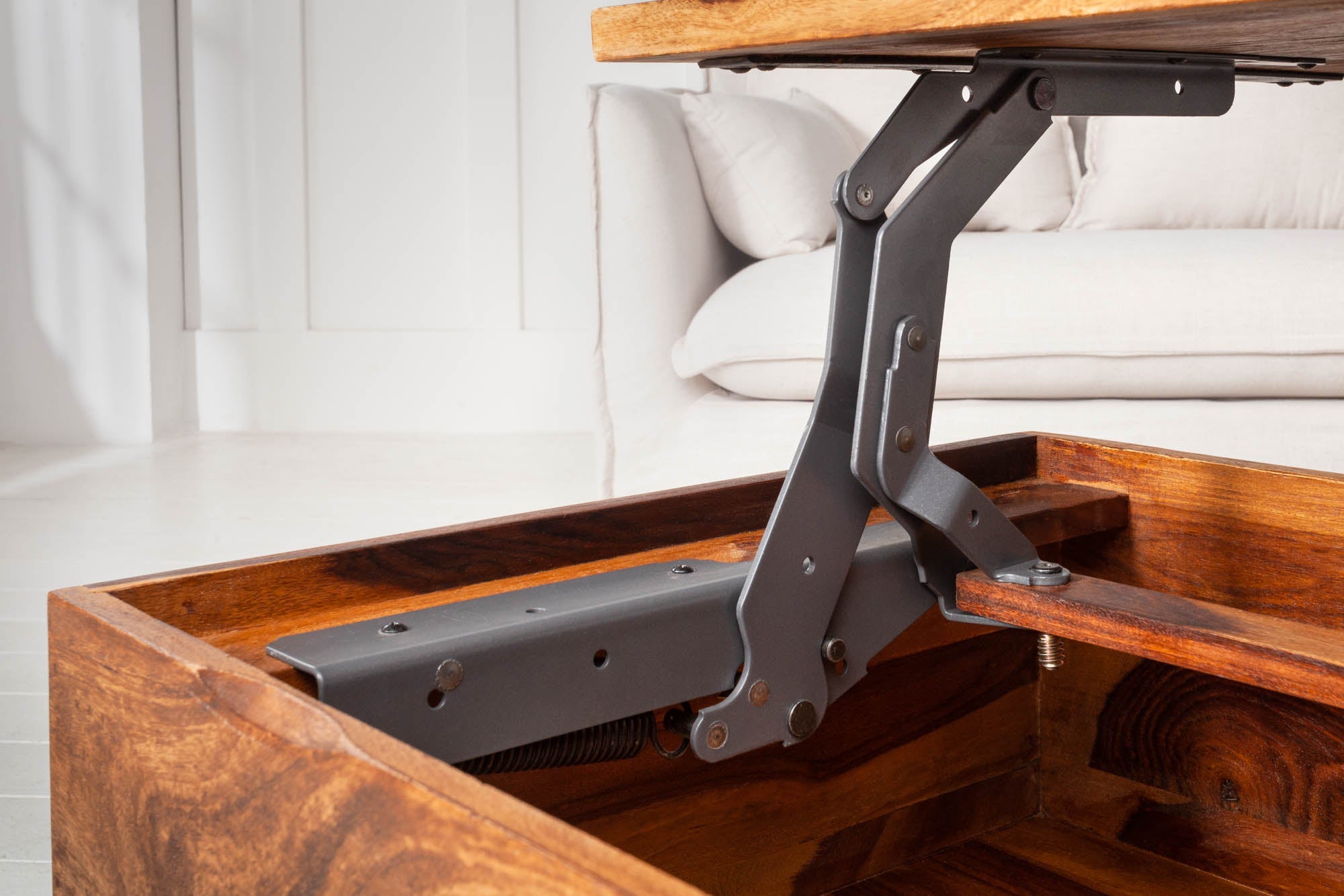 MAKASSAR FUNCTION Mesa de centro regulable en altura de 110 cm de madera maciza de Sheesham marrón con acabado de piedra