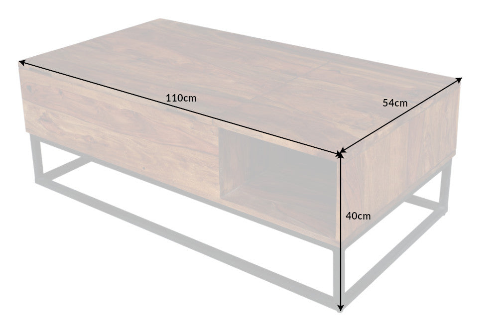 MAKASSAR FUNCTION Mesa de centro regulable en altura de 110 cm de madera maciza de Sheesham marrón con acabado de piedra
