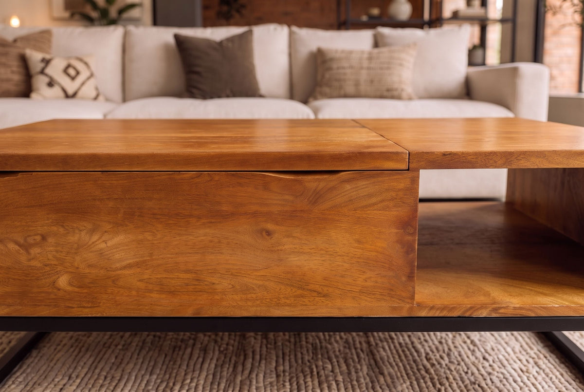 Table basse réglable en hauteur MAKASSAR FUNCTION 110cm en manguier marron finition miel