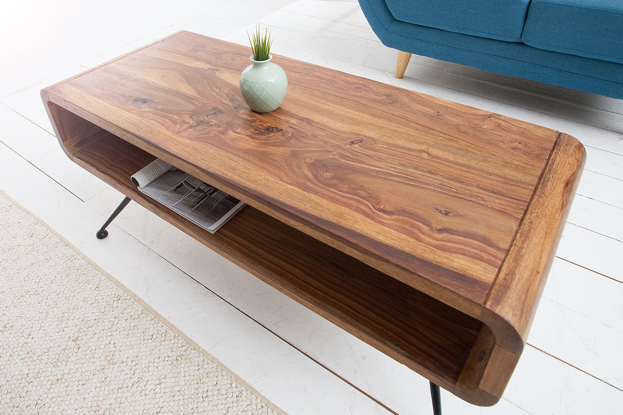Table basse rétro ALPHA 100cm bois massif de Sheesham marron finition pierre pieds métal noir