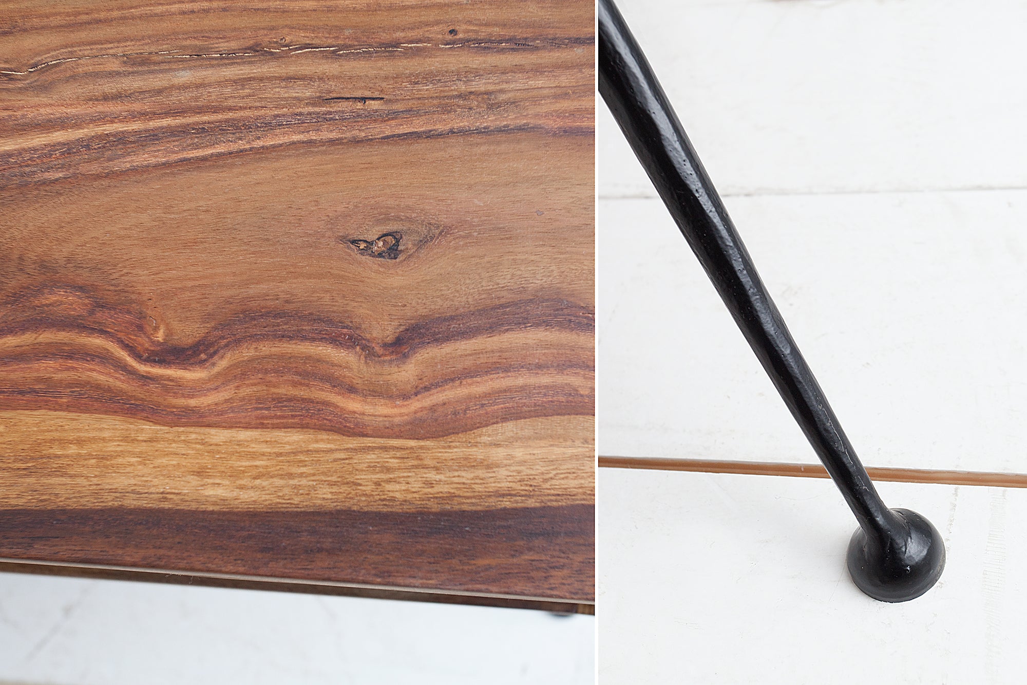 Table basse rétro ALPHA 100cm bois massif de Sheesham marron finition pierre pieds métal noir