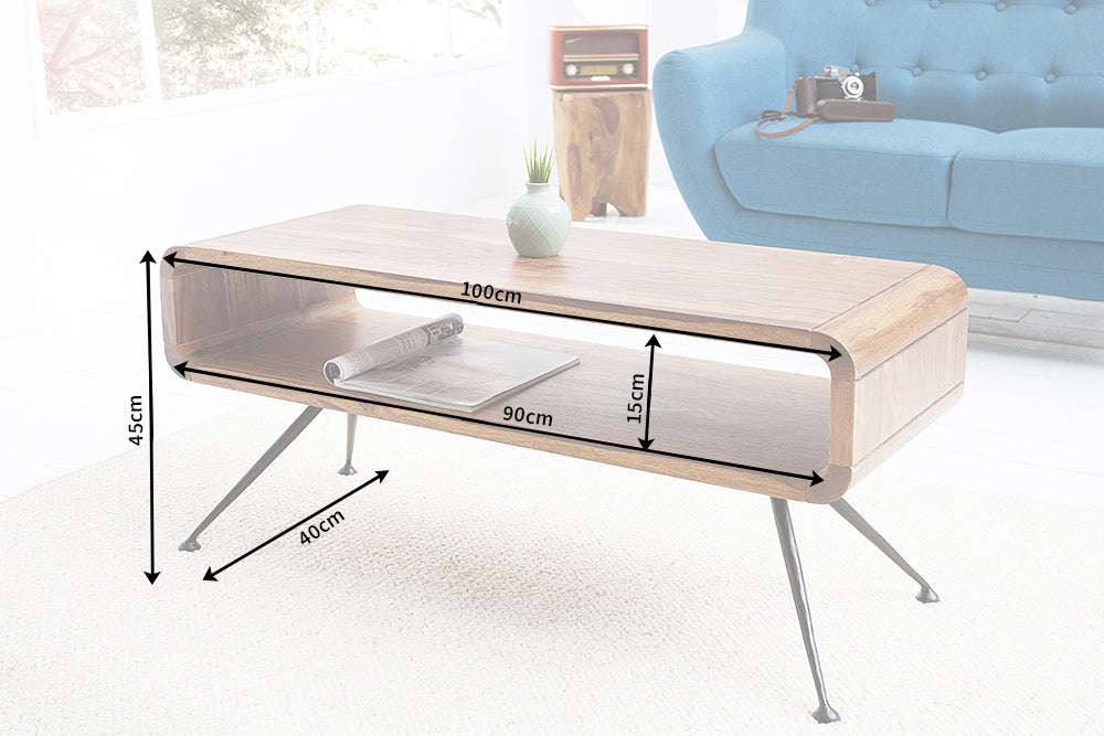 Table basse rétro ALPHA 100cm bois massif de Sheesham marron finition pierre pieds métal noir