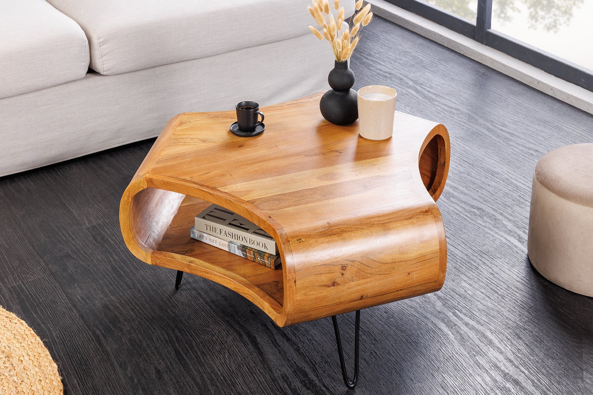 Table basse rétro ORGANIC LIVING 70cm bois massif d’acacia marron finition miel espace de rangement