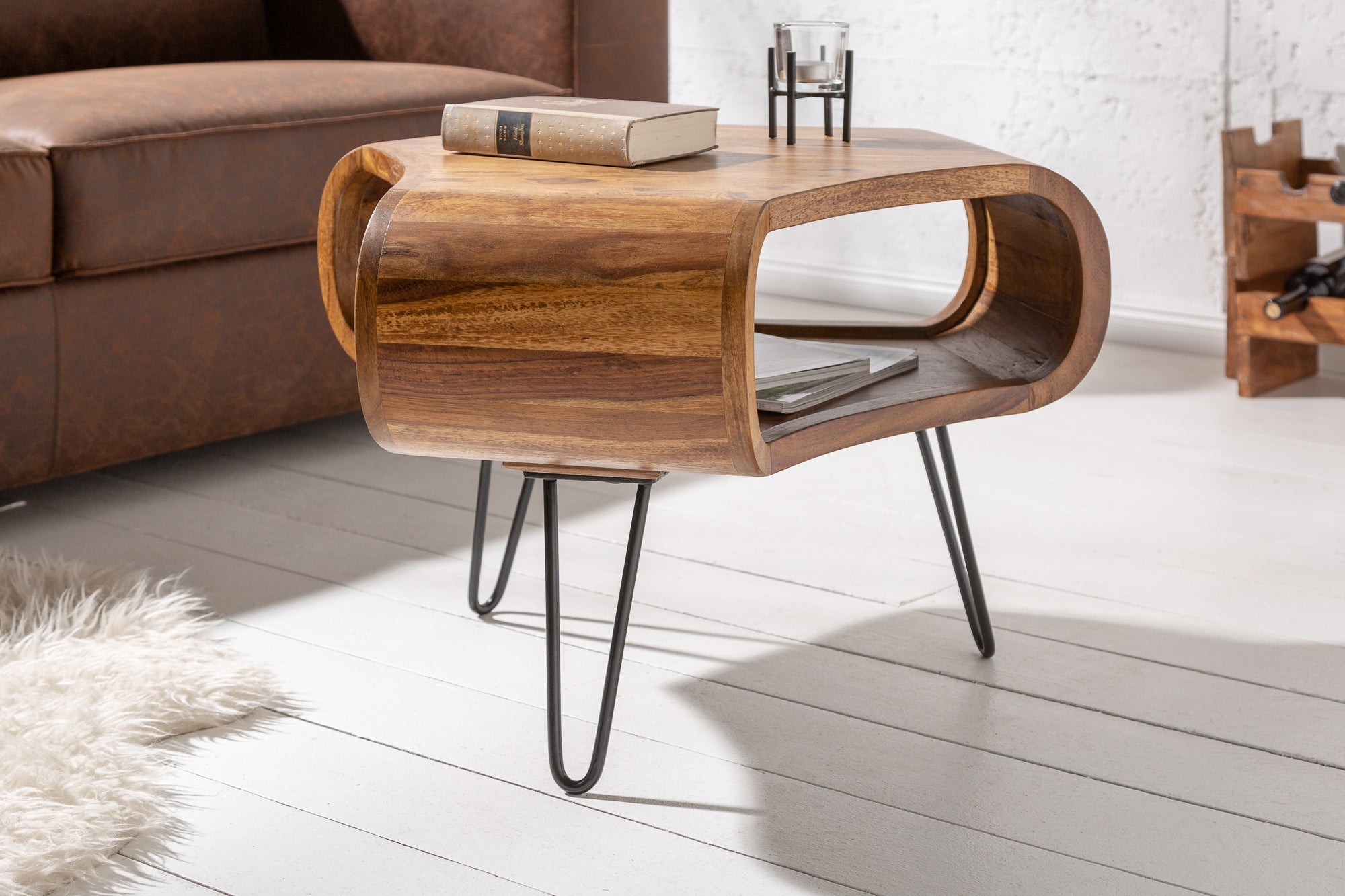 Table basse rétro ORGANIC LIVING 70cm bois massif de Sheesham marron finition pierre espace de rangement