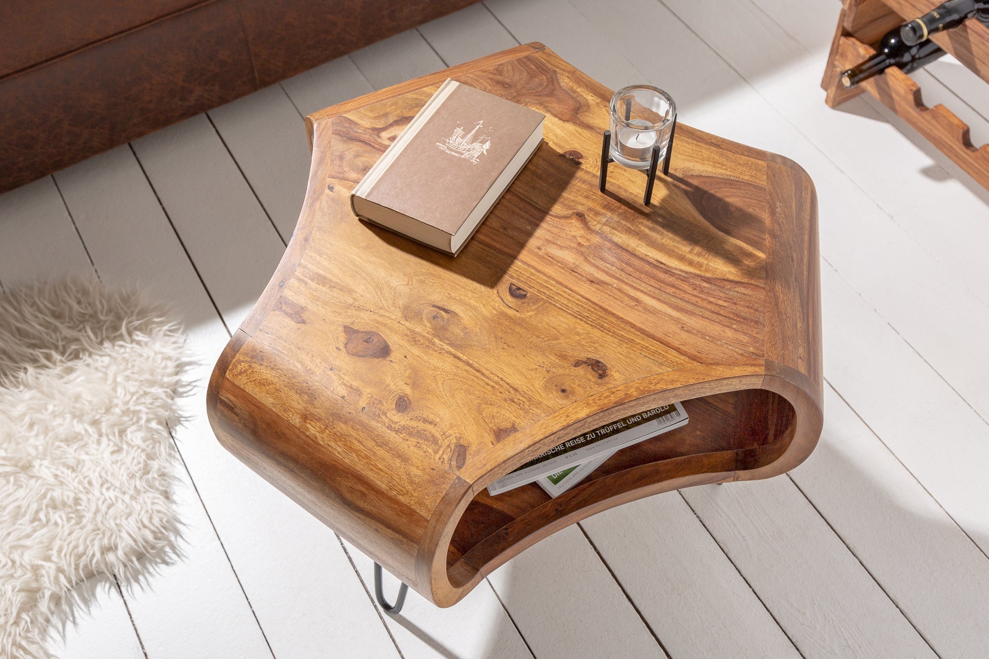 Table basse rétro ORGANIC LIVING 70cm bois massif de Sheesham marron finition pierre espace de rangement