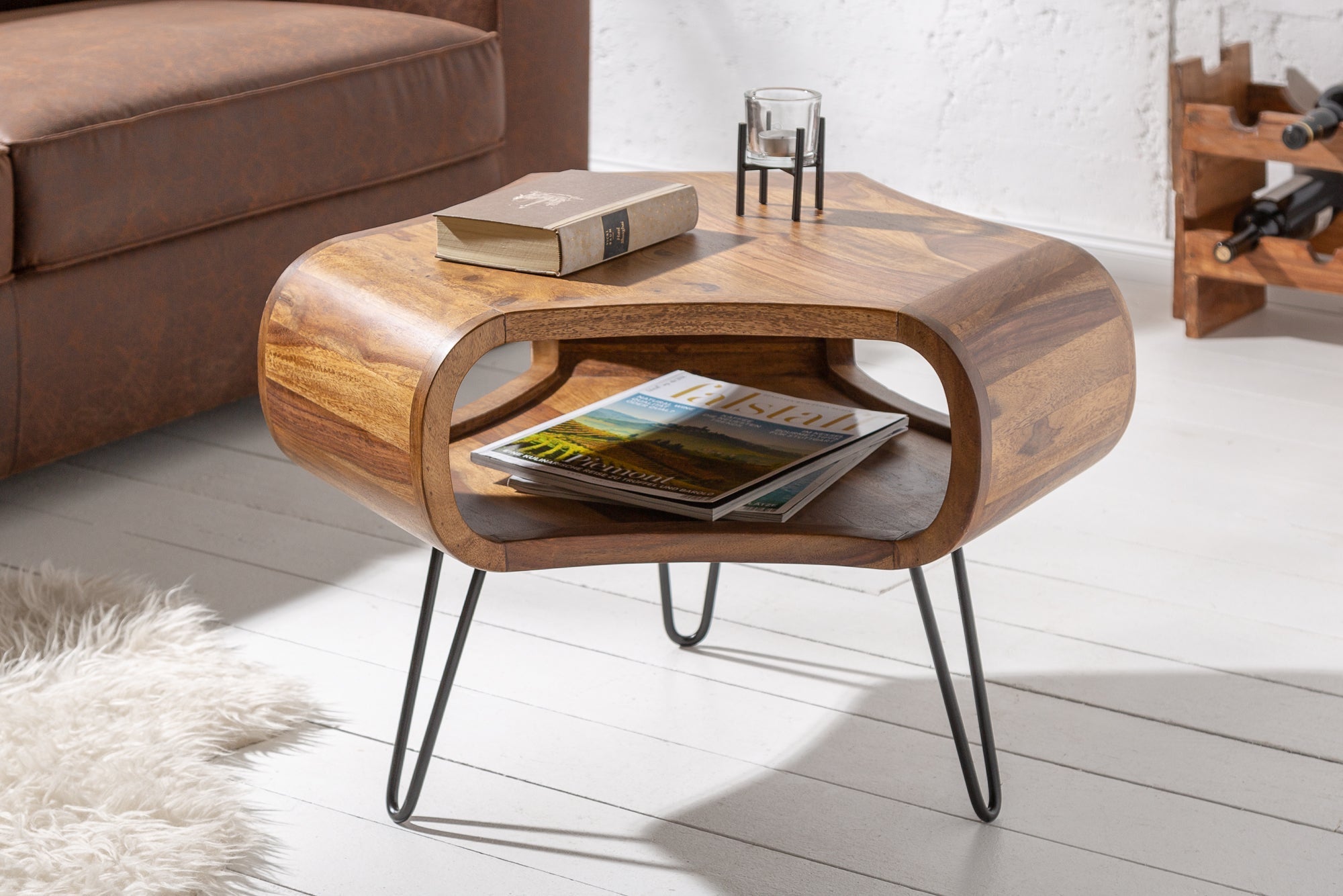 Table basse rétro ORGANIC LIVING 70cm bois massif sheesham marron finition pierre espace de rangement