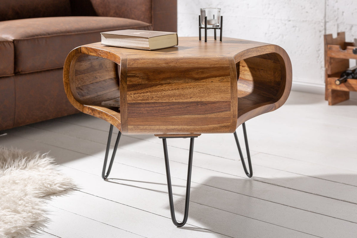 Table basse rétro ORGANIC LIVING 70cm bois massif sheesham marron finition pierre espace de rangement