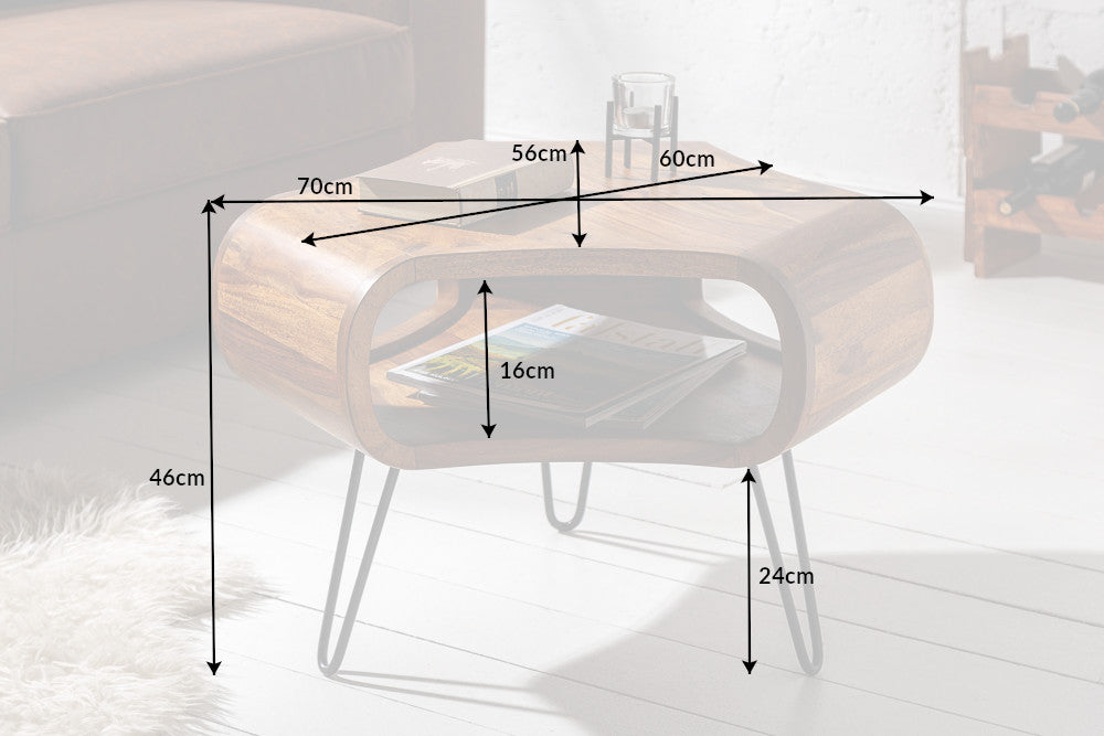 Table basse rétro ORGANIC LIVING 70cm bois massif sheesham marron finition pierre espace de rangement