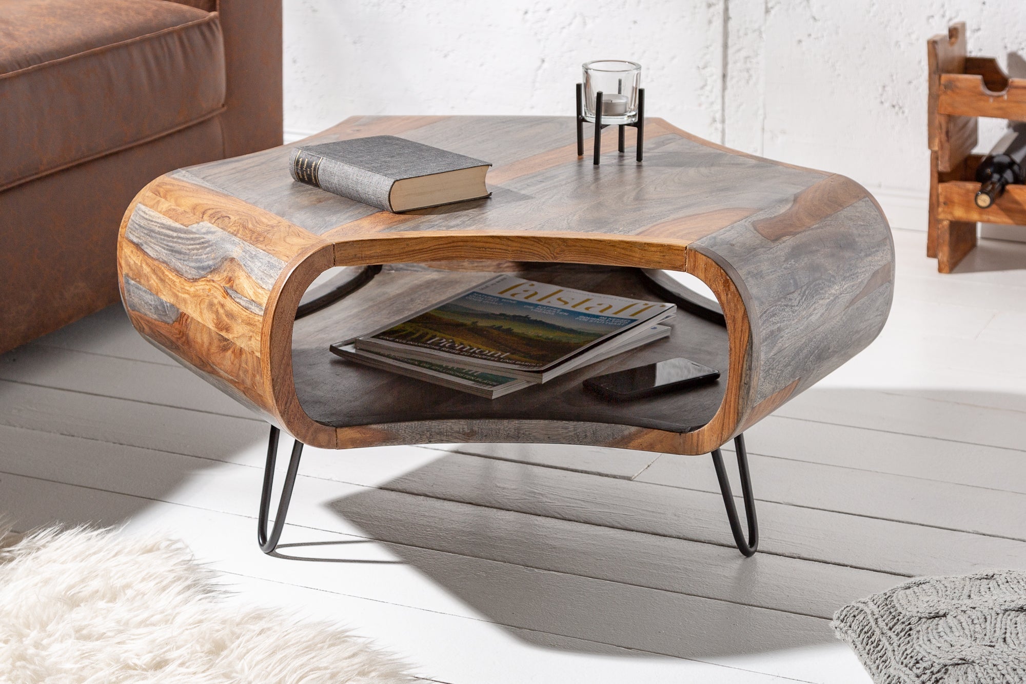 Table basse rétro ORGANIC LIVING 80cm finition fumée grise pieds épingles en bois massif de palissandre de Sheesham