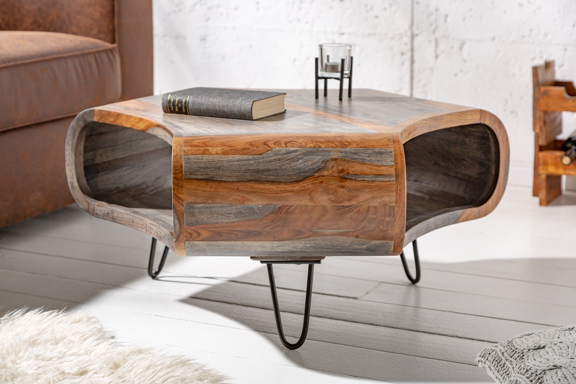 Table basse rétro ORGANIC LIVING 80cm finition fumée grise pieds épingles en bois massif de palissandre de Sheesham