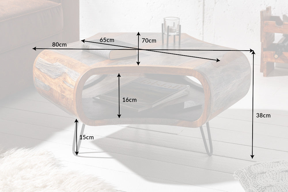 Table basse rétro ORGANIC LIVING 80cm finition fumée grise pieds épingles en bois massif de palissandre de Sheesham