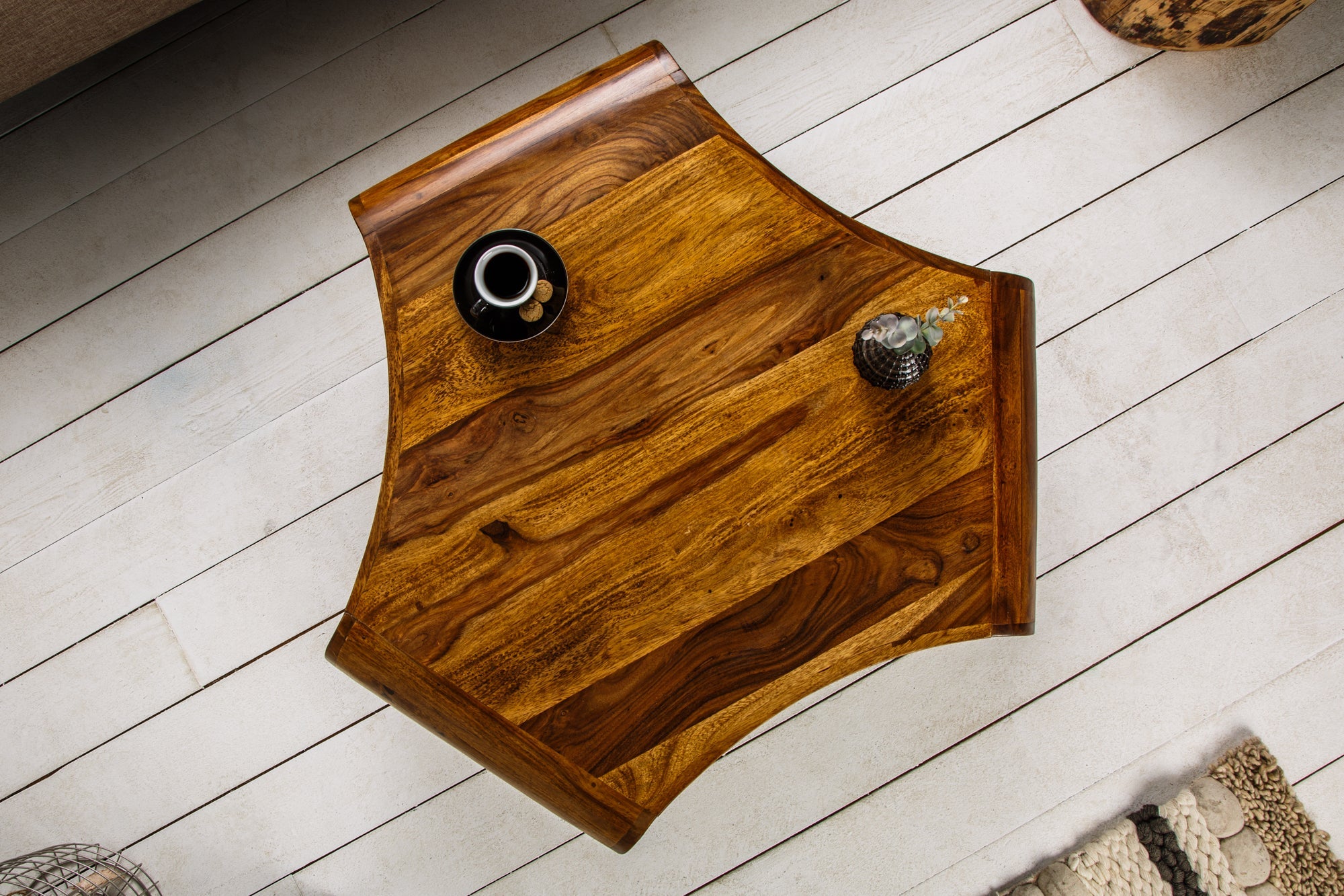 Table basse rétro ORGANIC LIVING 90cm marron bois massif de Sheesham finition pierre espace de rangement