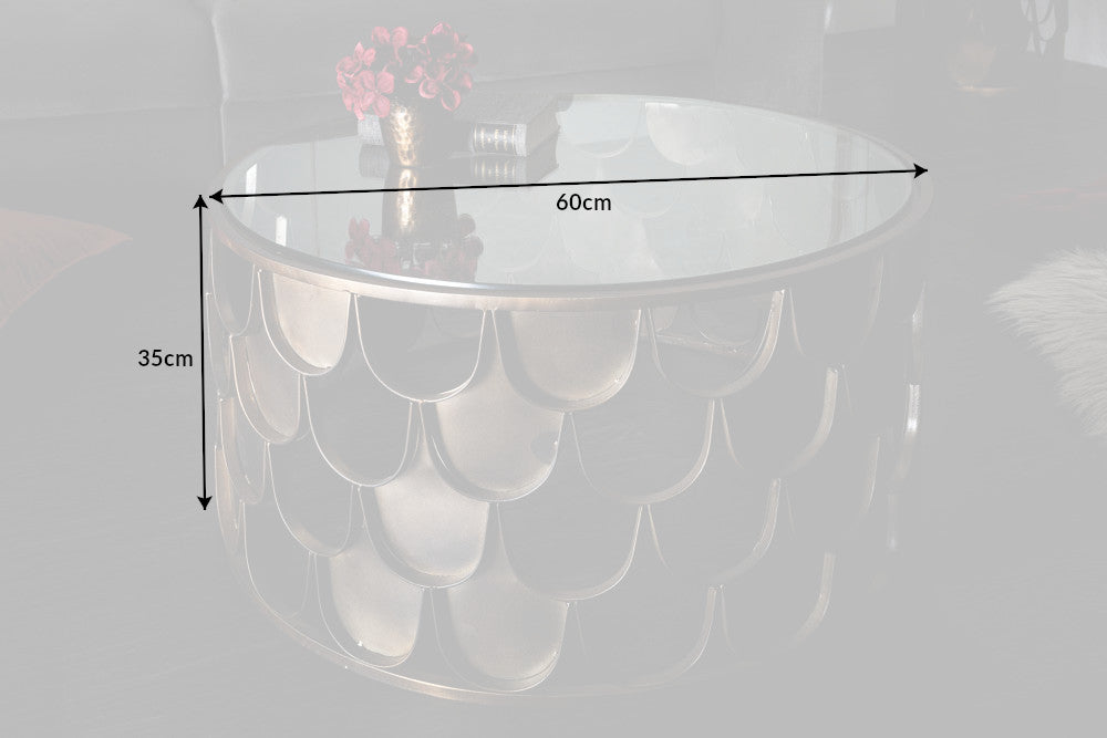 Table basse ronde ABSTRACT 60cm laiton antique métal verre design industriel écailles de poisson