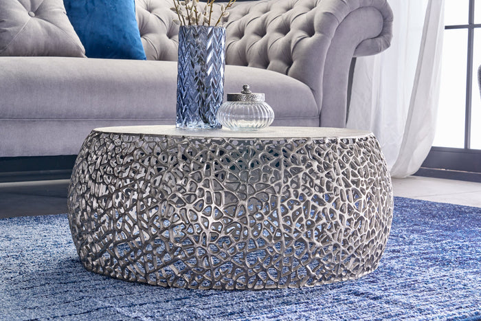 Table basse ronde ABSTRACT LEAF 75cm argent antique métal filigrane artisanat