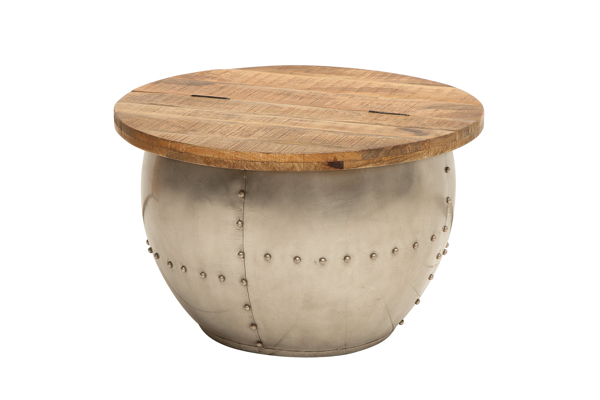 Table basse ronde DRUMP STORAGE 70cm en bois de manguier argenté naturel avec espace de rangement fait main industriel