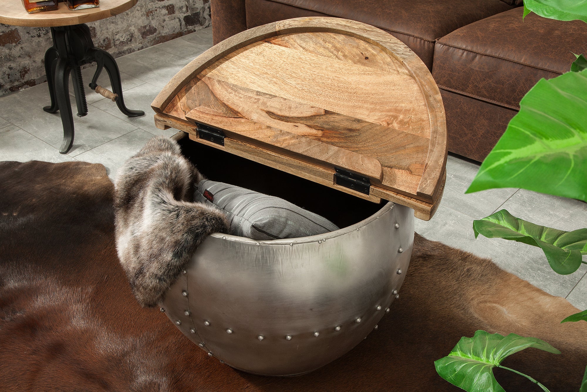 Table basse ronde DRUMP STORAGE 70cm en bois de manguier argenté naturel avec espace de rangement fait main Industriel