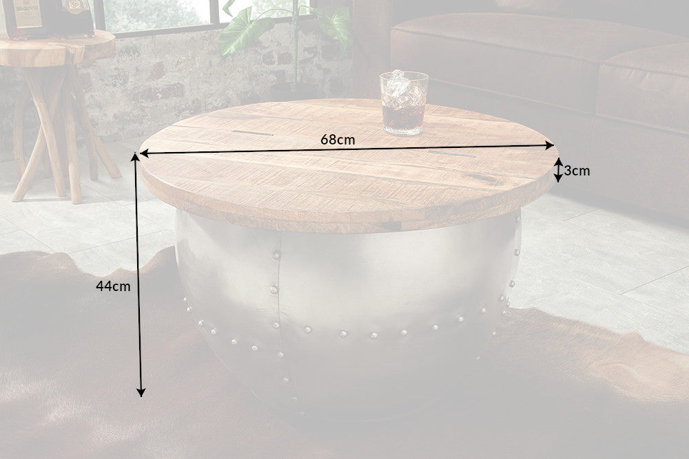 Table basse ronde DRUMP STORAGE 70cm en bois de manguier argenté naturel avec espace de rangement fait main Industriel