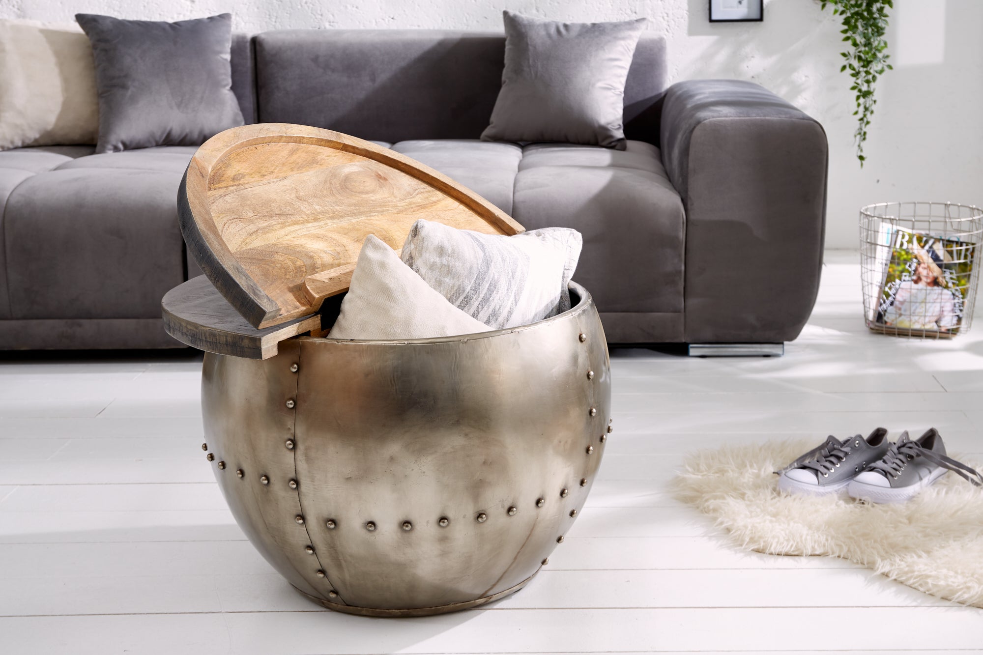 Table basse ronde DRUMP STORAGE 70cm gris argent bois de manguier massif avec espace de rangement fait main