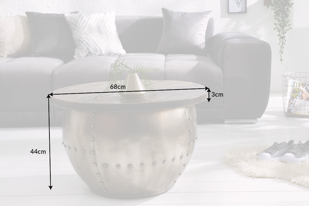 Table basse ronde DRUMP STORAGE 70cm gris argent bois de manguier massif avec espace de rangement fait main