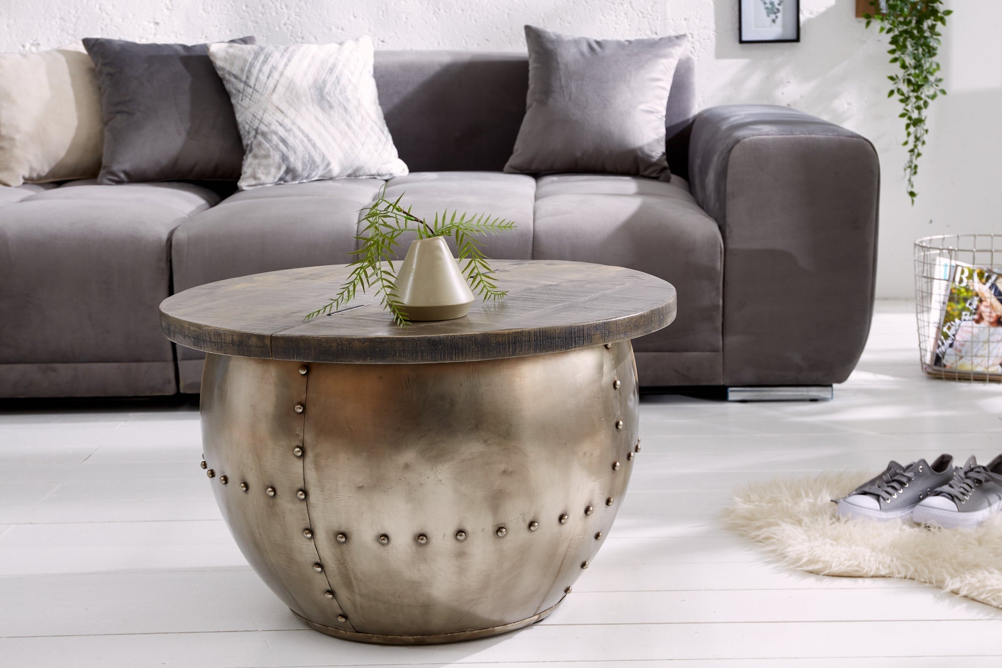 Table basse ronde DRUMP STORAGE 70cm gris argent en bois de manguier massif avec espace de rangement fait main