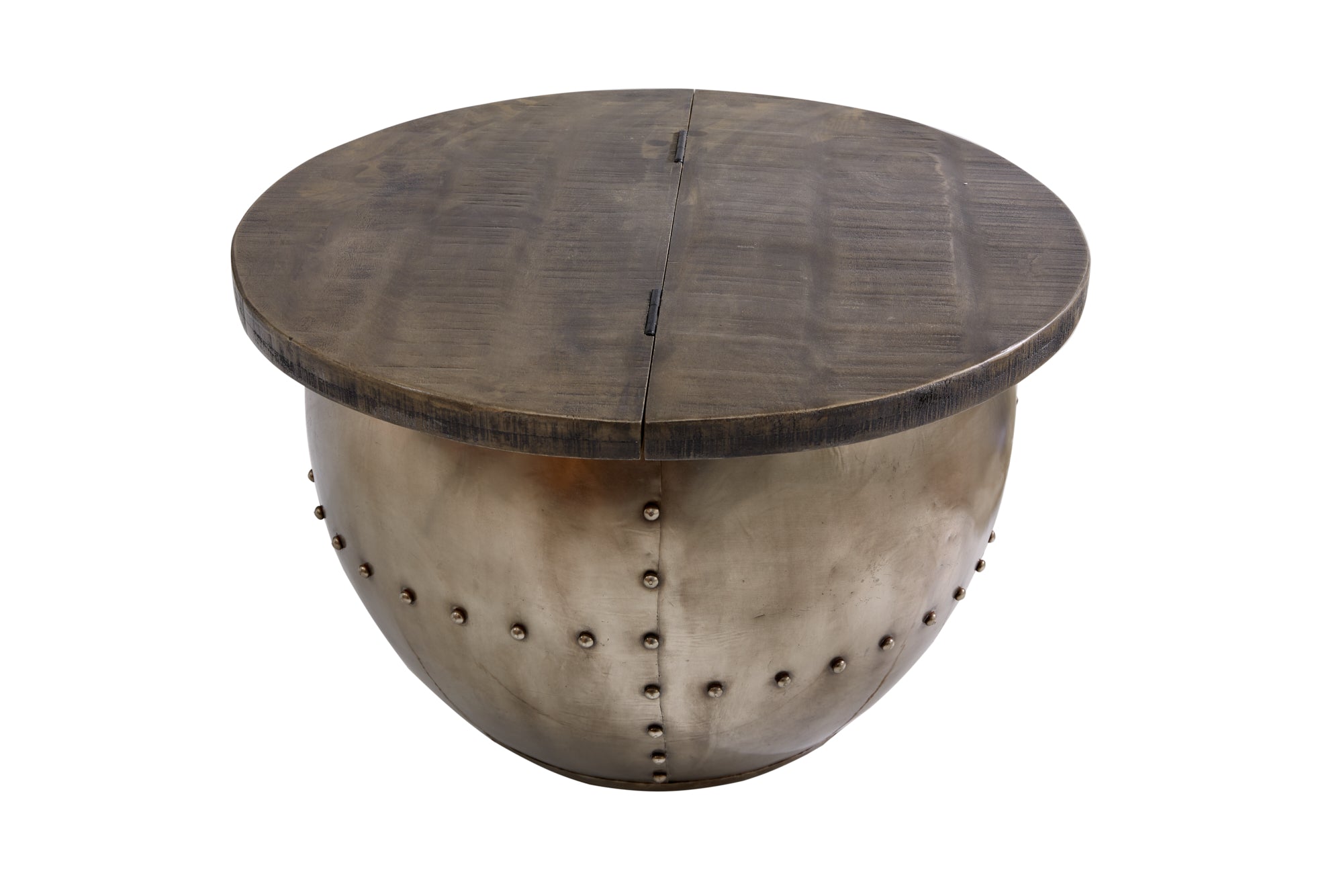 Table basse ronde DRUMP STORAGE 70cm gris argent en bois de manguier massif avec espace de rangement fait main