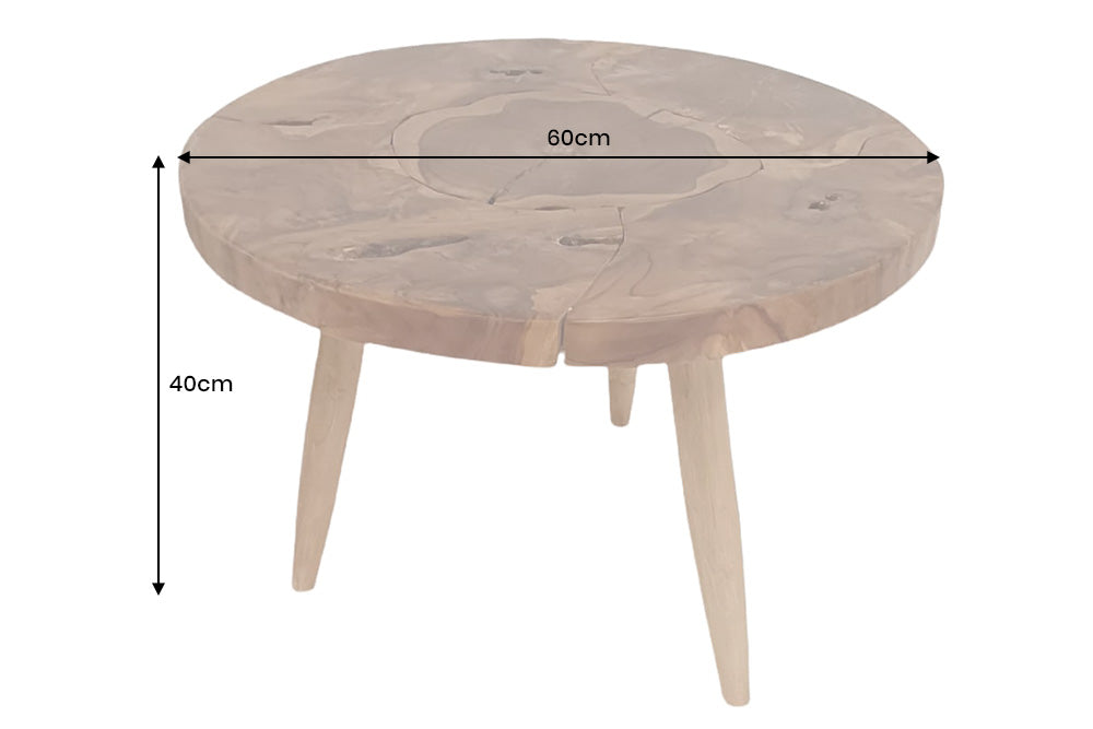 Table basse ronde en bois massif MOSAIC 60cm tronc d'arbre en teck naturel fait main