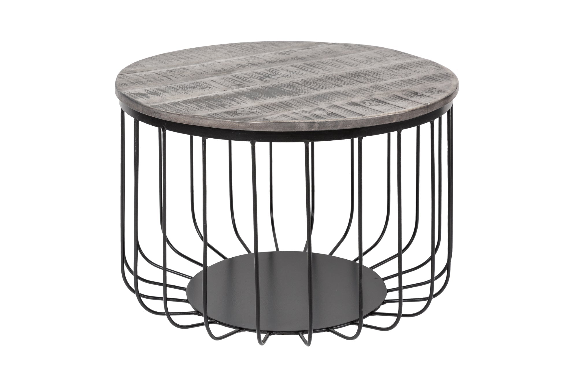 Table basse ronde FACTORY LOFT 60cm bois de manguier massif gris structure métal noir fait main